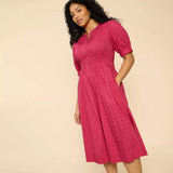 White Stuff Celeste Short Sleeve Midi Dress in Bright Pink