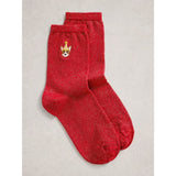 White Stuff Embroidered Corgi Sparkle Sock In Red