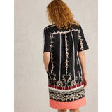White Stuff June Linen Short Sleeve Dress In Black Print