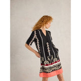 White Stuff June Linen Short Sleeve Dress In Black Print