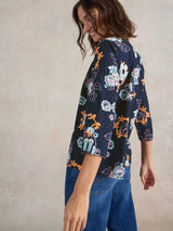 White Stuff Rae Organic Cotton Print Top in Navy