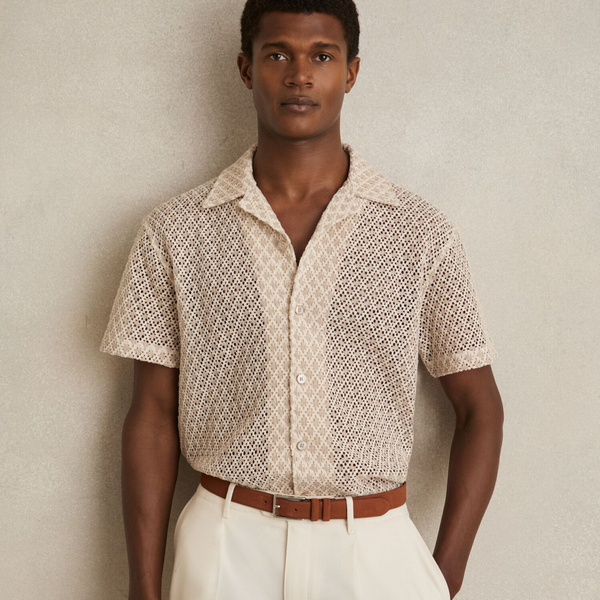 Reiss Sterling Crochet Cuban-Collar Shirt in Oatmeal
