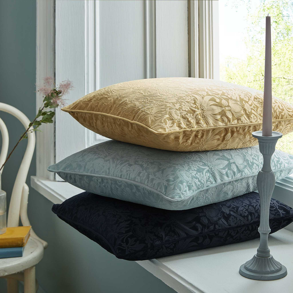 William Morris At Home Strawberry Thief Embossed Cushion In Prussian Blue