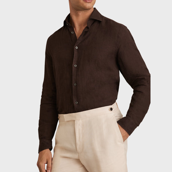 Reiss Ruban Linen Cutaway-Collar Shirt in Dark Brown