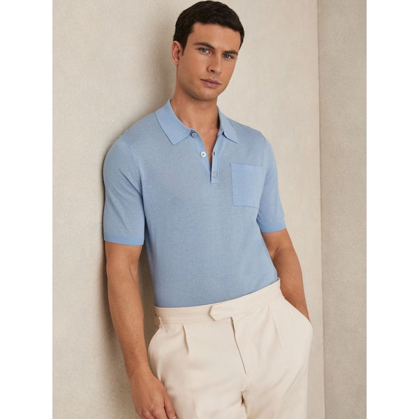 Reiss Nelson Patch Pocket Knit Polo Shirt In Mid Blue