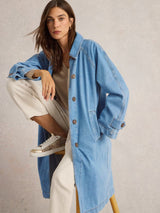 White Stuff Oakleigh Denim Collared Coat in Mid Denim