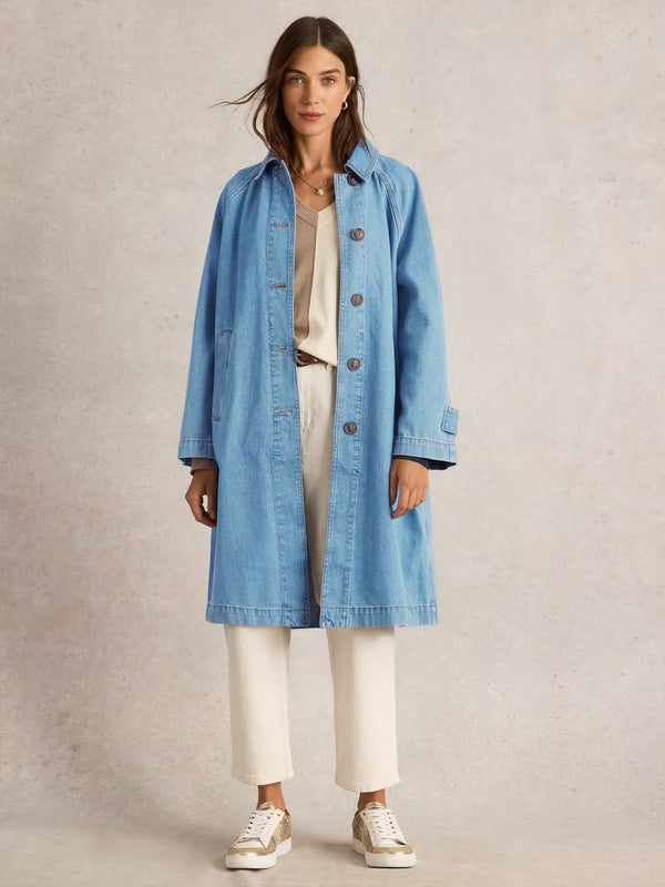 White Stuff Oakleigh Denim Collared Coat in Mid Denim