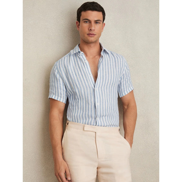 Reiss Herringbone Stripe Holiday Linen Short-Sleeve Shirt In Soft Blue