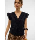 Vero Moda AWARE VMROXANNE SL V-NECK Ruffle Top In Black