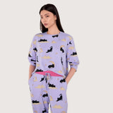 Chelsea Peers Halloween Cat Print Long Pyjama Set In Lilac