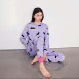 Chelsea Peers Halloween Cat Print Long Pyjama Set In Lilac