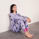 Chelsea Peers Halloween Cat Print Long Pyjama Set In Lilac