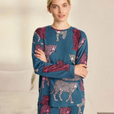 Chelsea Peers Jewel Leopard Print Long Pyjama Set In Teal Pink Leopard