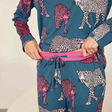 Chelsea Peers Jewel Leopard Print Long Pyjama Set In Teal Pink Leopard