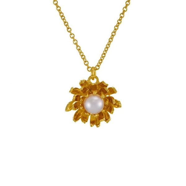 Alex Monroe Chrysanthemum Flower Pearl Necklace in Gold