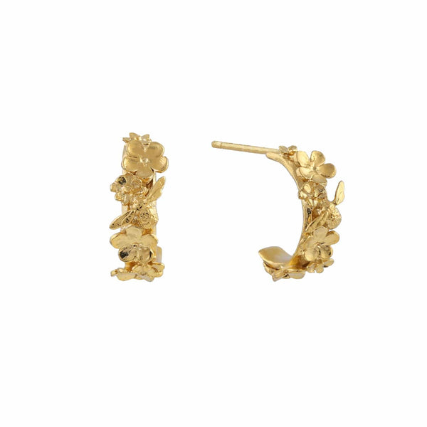 Alex Monroe Floral Huggy Hoops with Itsy Bitsy Bee in Gold