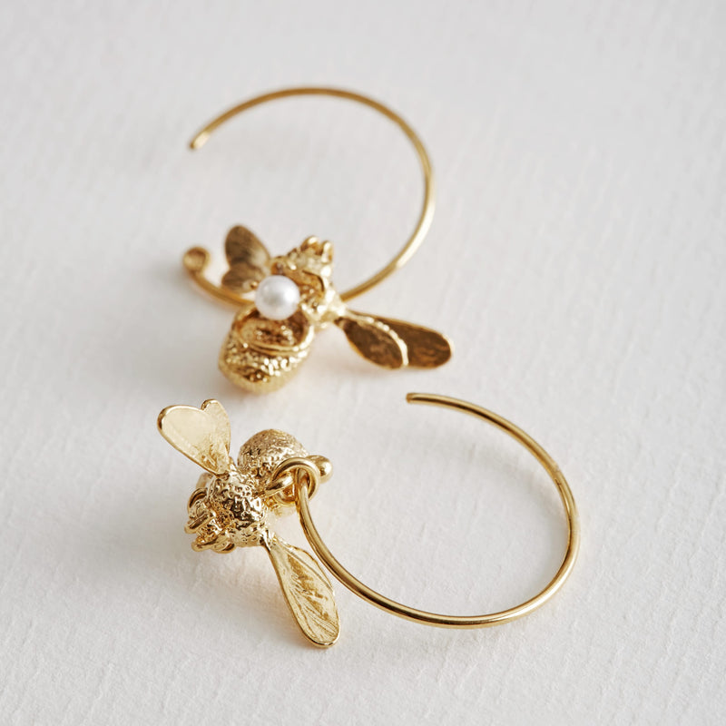 Alex Monroe Flying Bee with Pearl Hoop Earrings in Gold