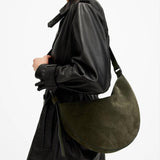 AllSaints Half Moon Suede Shoulder Bag in Olive Green