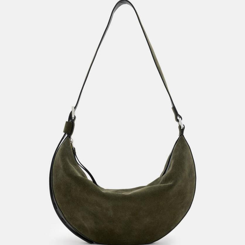 AllSaints Half Moon Suede Shoulder Bag in Olive Green
