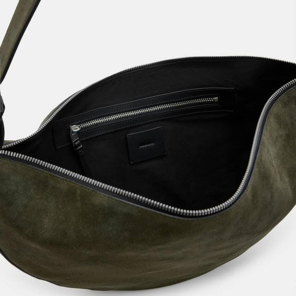 AllSaints Half Moon Suede Shoulder Bag in Olive Green
