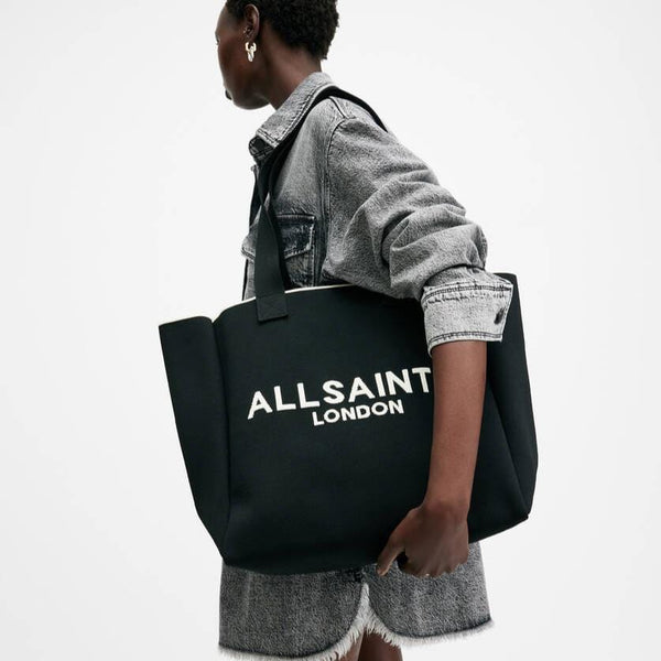 AllSaints Izzy Large Logo Knitted Tote Bag in Black