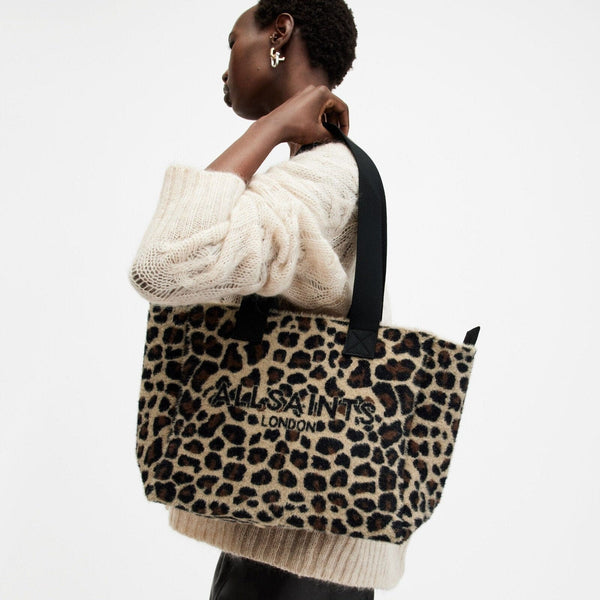 AllSaints Izzy Leopard Print Logo Tote Bag in Black/Brown