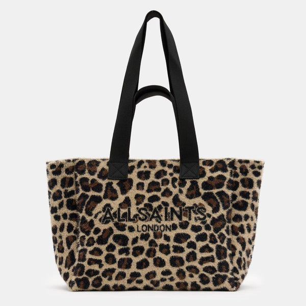 AllSaints Izzy Leopard Print Logo Tote Bag in Black/Brown