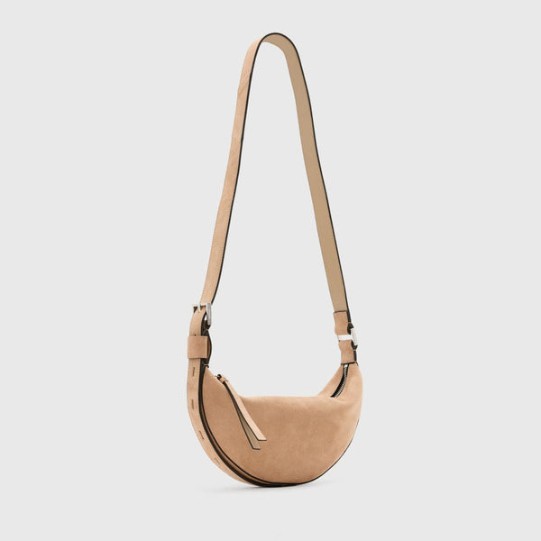 AllSaints Half Moon Suede Crossbody Bag In Mink Brown