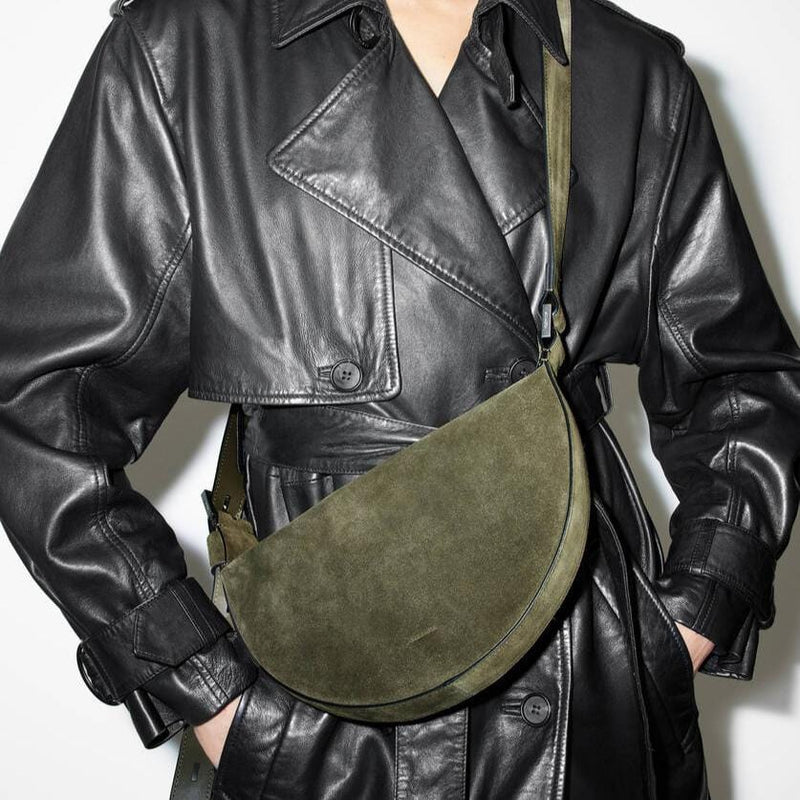 AllSaints Half Moon Suede Crossbody Bag in Olive Green