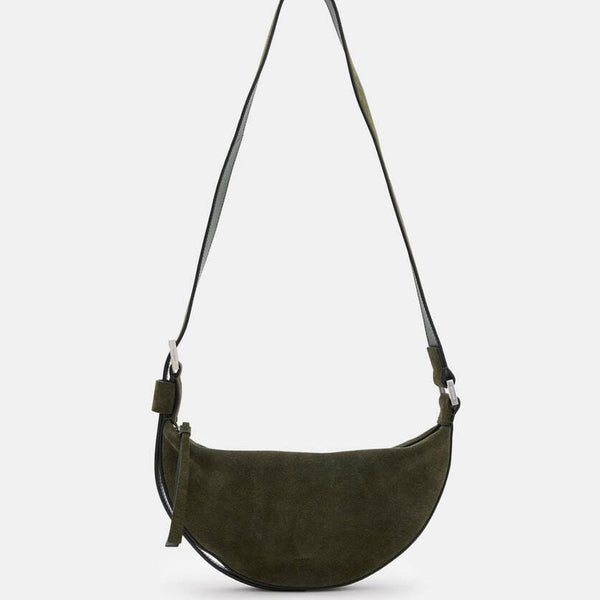 AllSaints Half Moon Suede Crossbody Bag in Olive Green
