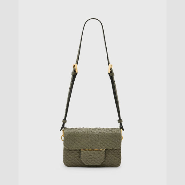 AllSaints Jupiter Snake Effect Leather Crossbody Bag In Military Green