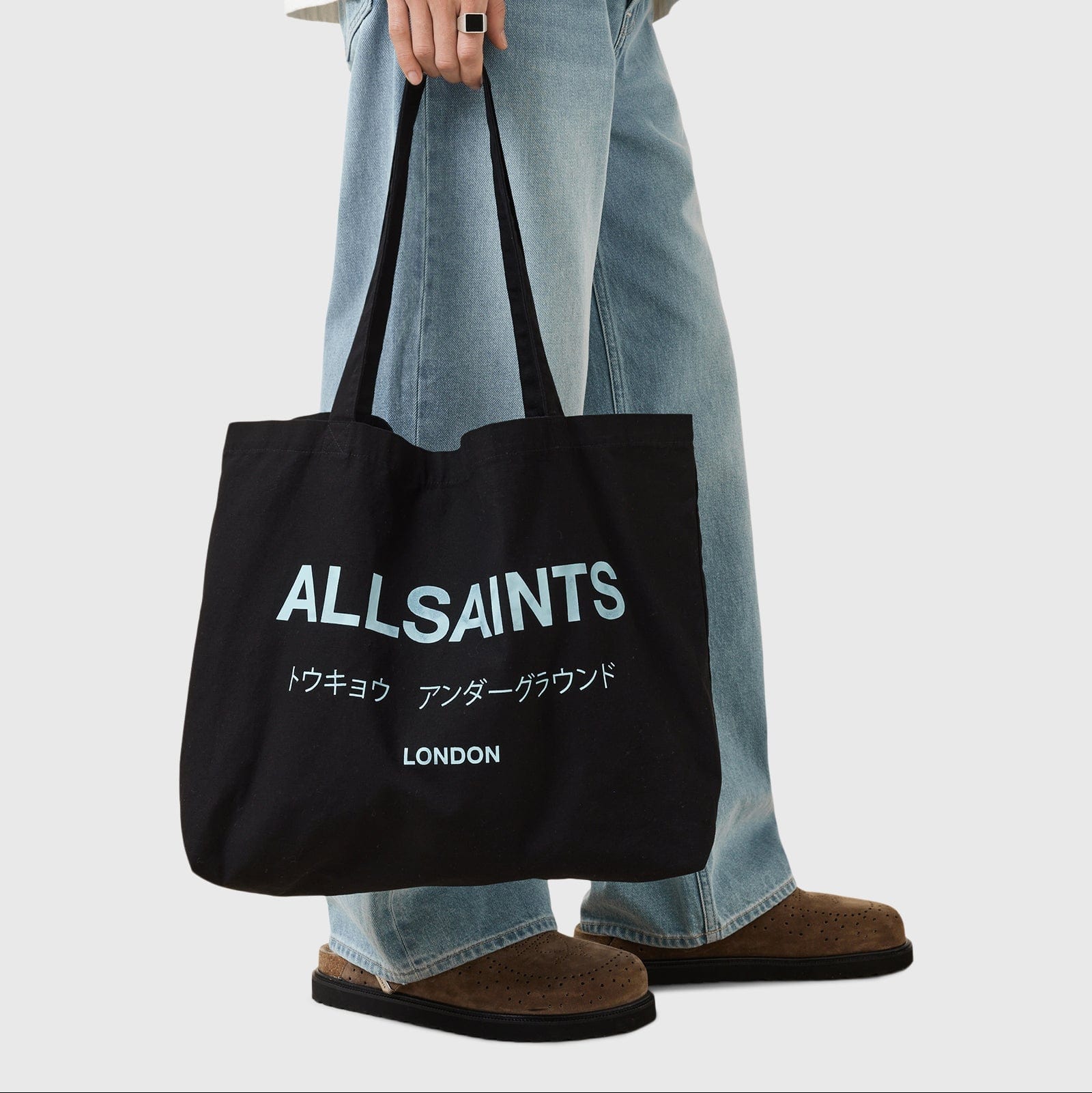 AllSaints Underground Logo Printed Tote Bag In Jet Black/Blue