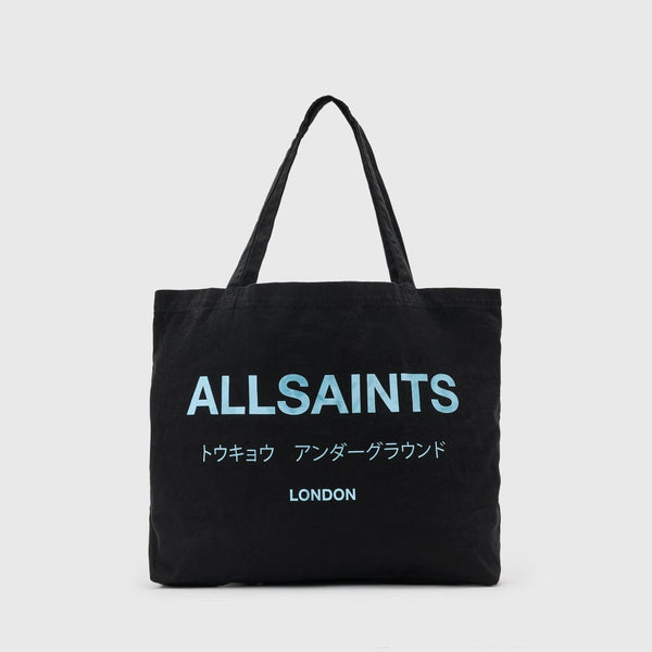 AllSaints Underground Logo Printed Tote Bag In Jet Black/Blue