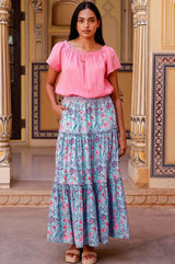 Aspiga Becks Organic Cotton Block Print Skirt In Gardenia Blue/Red