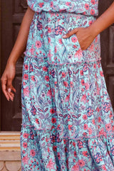 Aspiga Becks Organic Cotton Block Print Skirt In Gardenia Blue/Red
