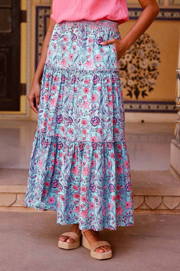 Aspiga Becks Organic Cotton Block Print Skirt In Gardenia Blue/Red