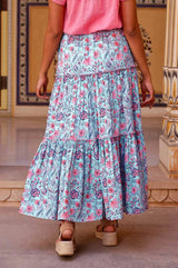 Aspiga Becks Organic Cotton Block Print Skirt In Gardenia Blue/Red