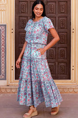 Aspiga Becks Organic Cotton Block Print Skirt In Gardenia Blue/Red