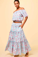 Aspiga Becks Organic Cotton Block Print Skirt In Gardenia Blue/Red