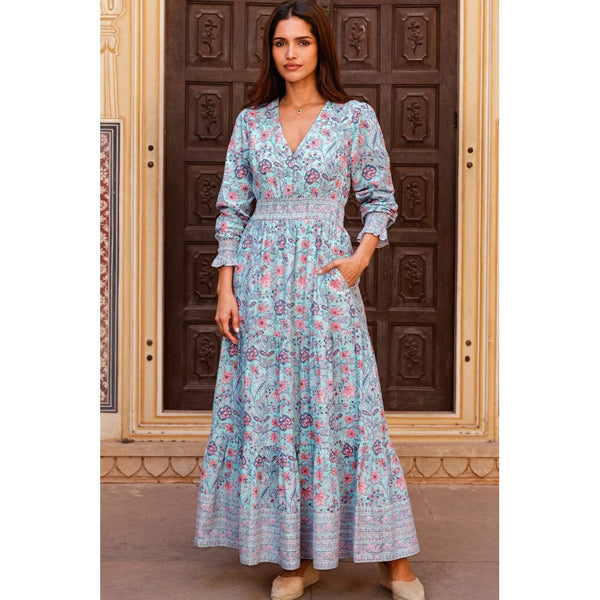 Aspiga Billie Organic Cotton Block Print Dress In Gardenia Blue
