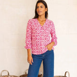Aspiga Clea Viscose Crinkle Blouse in Ikat White/Pink