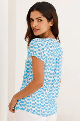 Aspiga Lisbon Viscose Crinkle Blouse in White/Turquoise