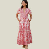 Aspiga Pippa Organic Cotton Short Sleeve Block Print Dress in Red