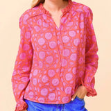 Aspiga Rosie Organic Cotton Block Print Blouse In Lotus Red/Pink
