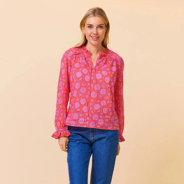 Aspiga Rosie Organic Cotton Block Print Blouse In Lotus Red/Pink