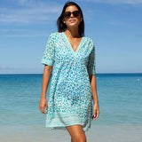 Aspiga Santorini Cotton Kaftan in White/Turquoise