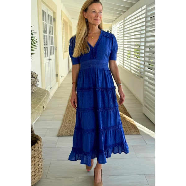 Aspiga Viola Short Sleeve Organic Cotton Dobby Dress In Cobalt