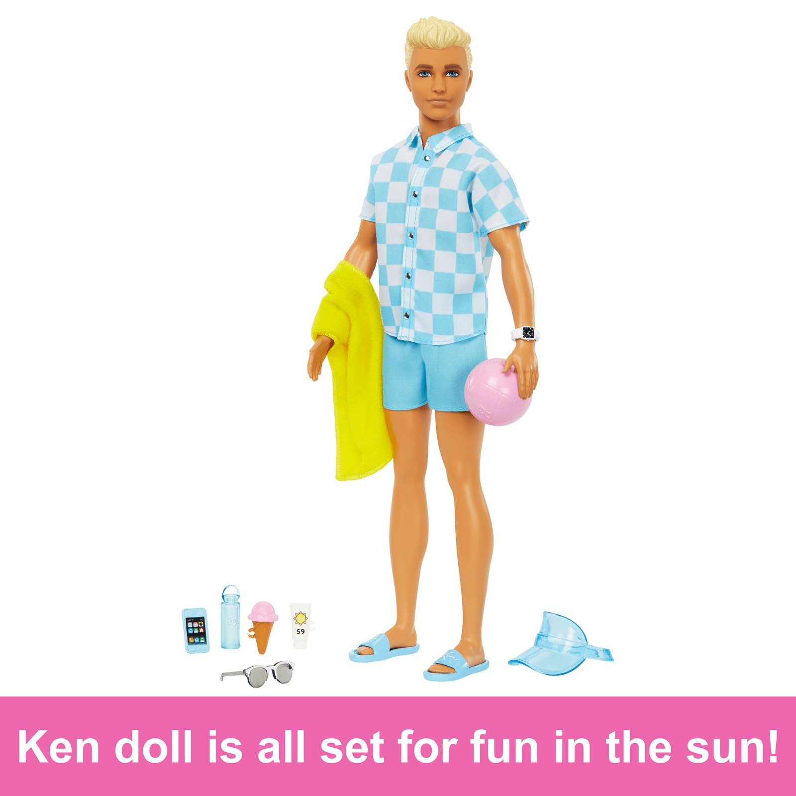 Barbie Blonde Ken Doll with Swim Trunks and Beach-Themed Accessories