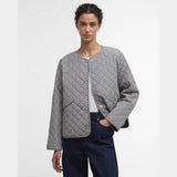 Barbour Cashel Gingham Collarless Quilted Jacket In Navy