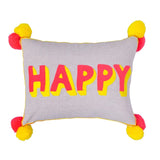 Bombay Duck Small Talk HAPPY Embroidered Cushion on Linen Coral/Yellow